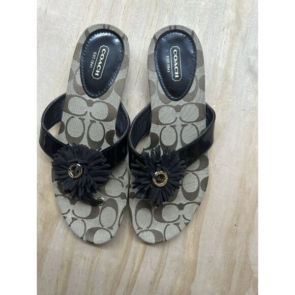 Coach Brown & Tan Suki Logo Print Jewel Trim Thong Sandal Shoes 8 Flip Flop NEW - Picture 6 of 6